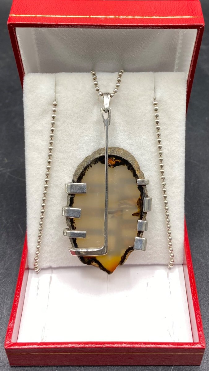 Sterling Silver And Cut Agate Pendant Italy Circa 1950/60-photo-3