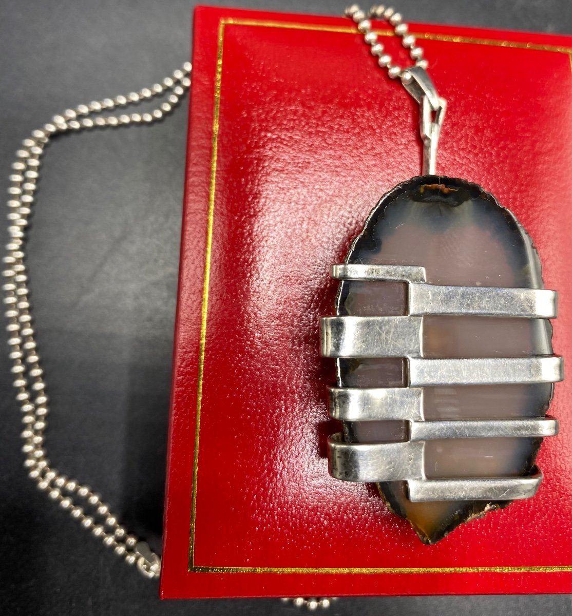 Sterling Silver And Cut Agate Pendant Italy Circa 1950/60-photo-4