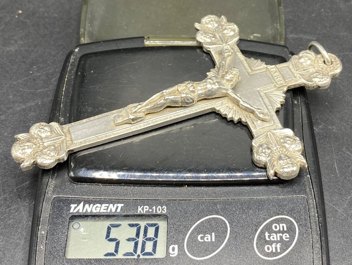 Large Cross In Silver Metal Around 1900-photo-4