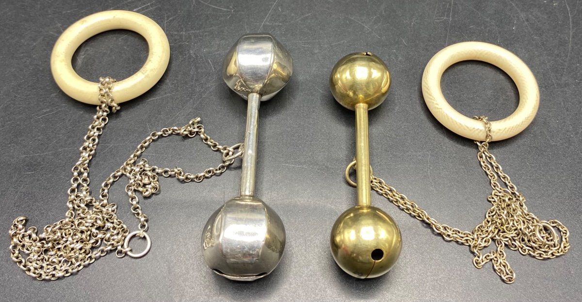 Two Nanny Rattles For Baby Dumbbells In Sterling Silver And Ivory From The 1920s/30s