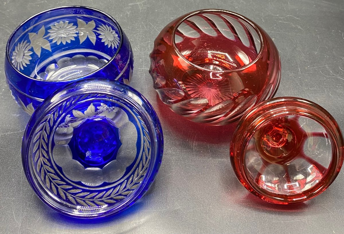 Two Overlay Crystal Candy Boxes Or Sugar Bowls From The 1900s Baccarat And Saint Louis-photo-3