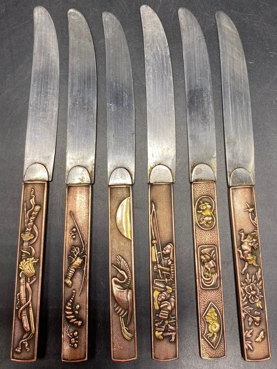 A Set Of Six Japanese Brass And Steel Blade Knives From The 1900s-photo-2