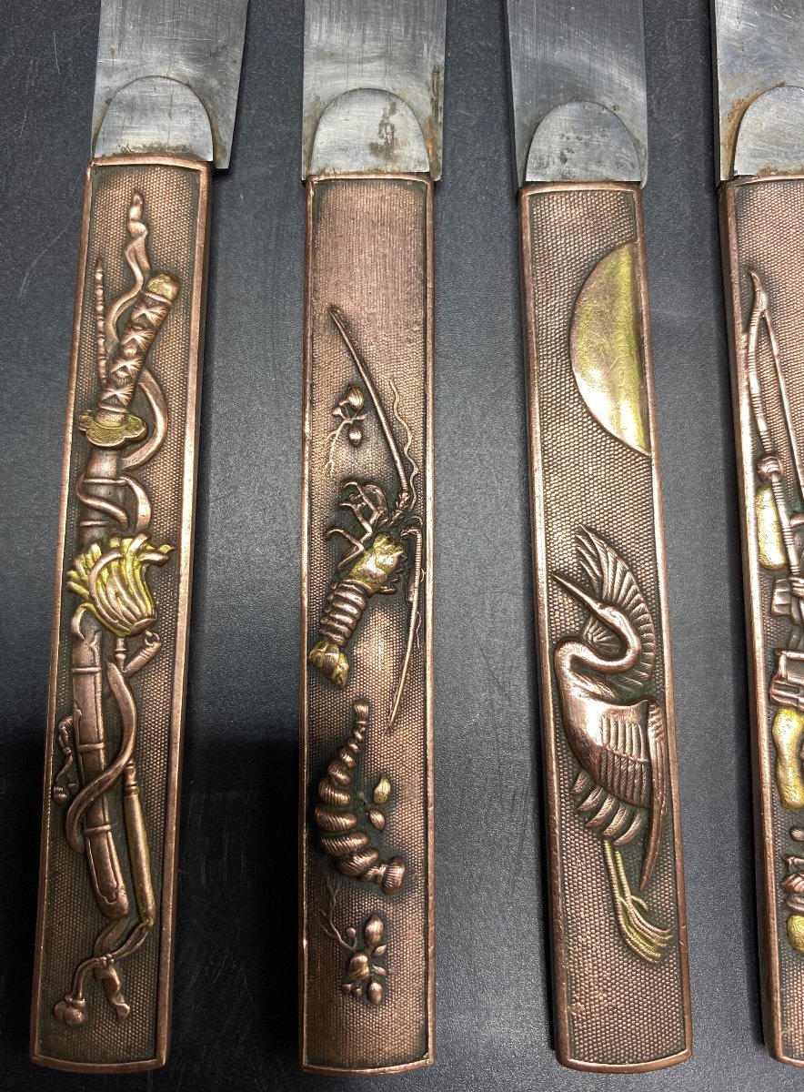 A Set Of Six Japanese Brass And Steel Blade Knives From The 1900s-photo-3