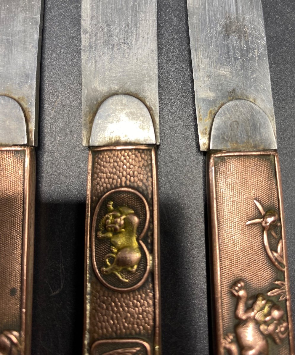 A Set Of Six Japanese Brass And Steel Blade Knives From The 1900s-photo-1