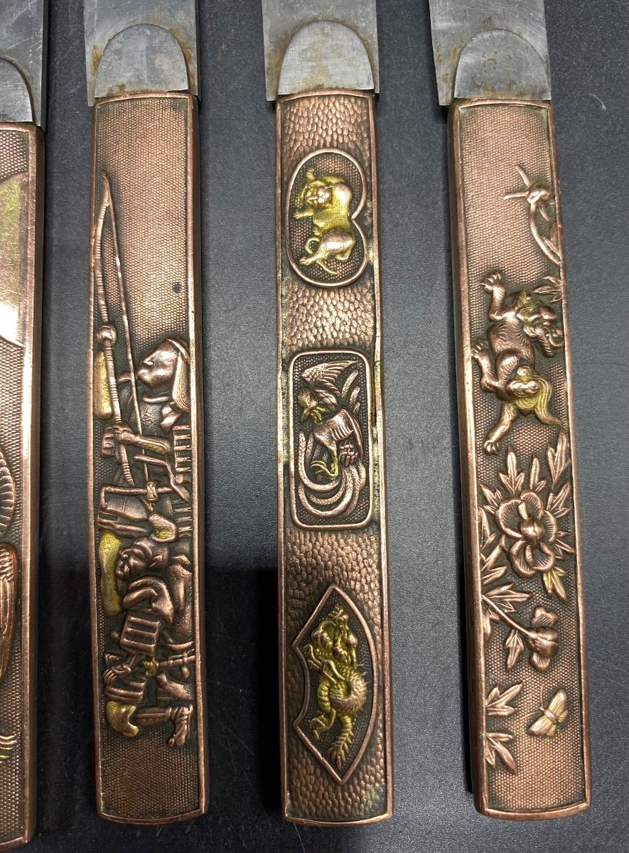 A Set Of Six Japanese Brass And Steel Blade Knives From The 1900s-photo-2