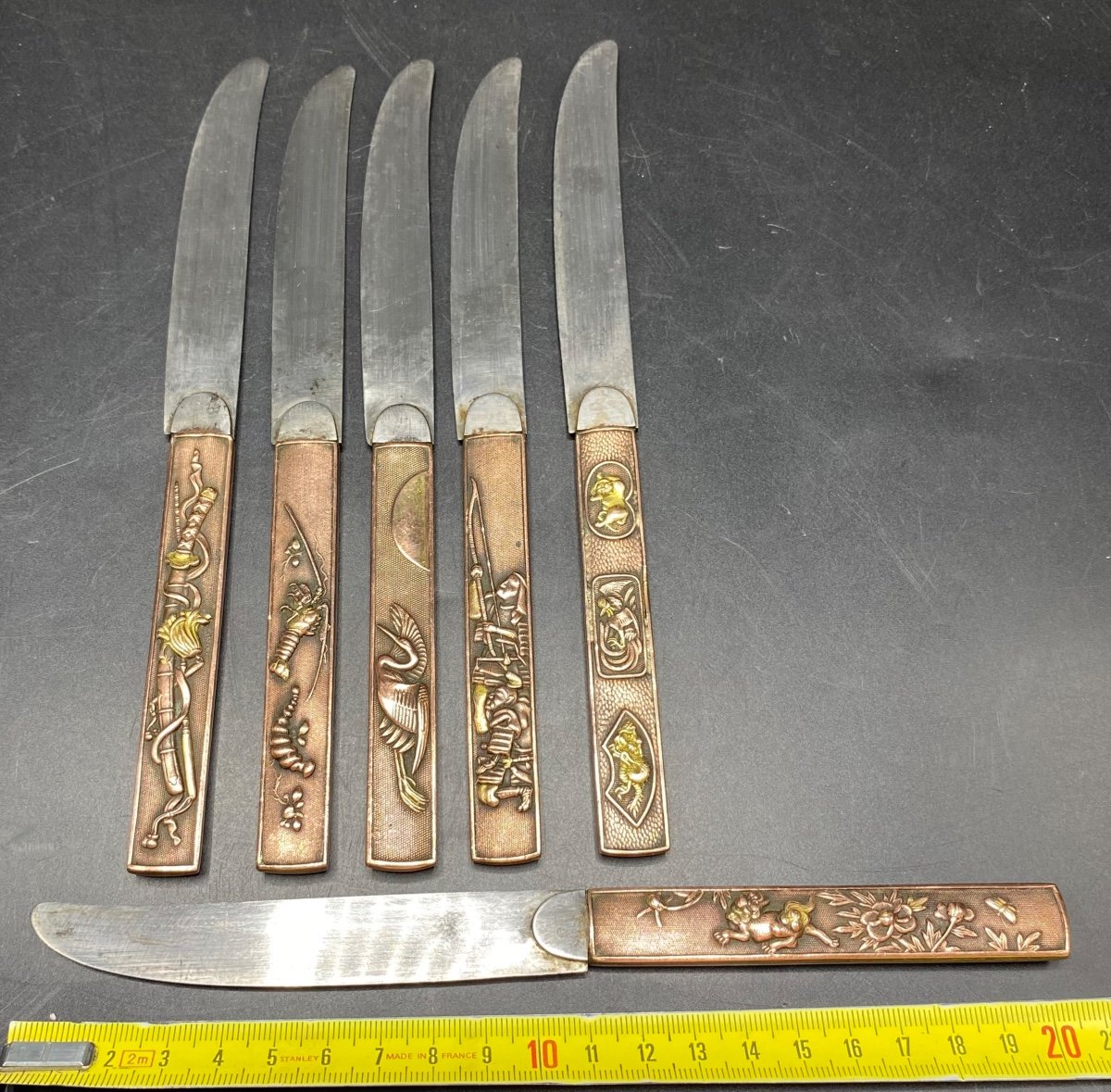 A Set Of Six Japanese Brass And Steel Blade Knives From The 1900s-photo-4