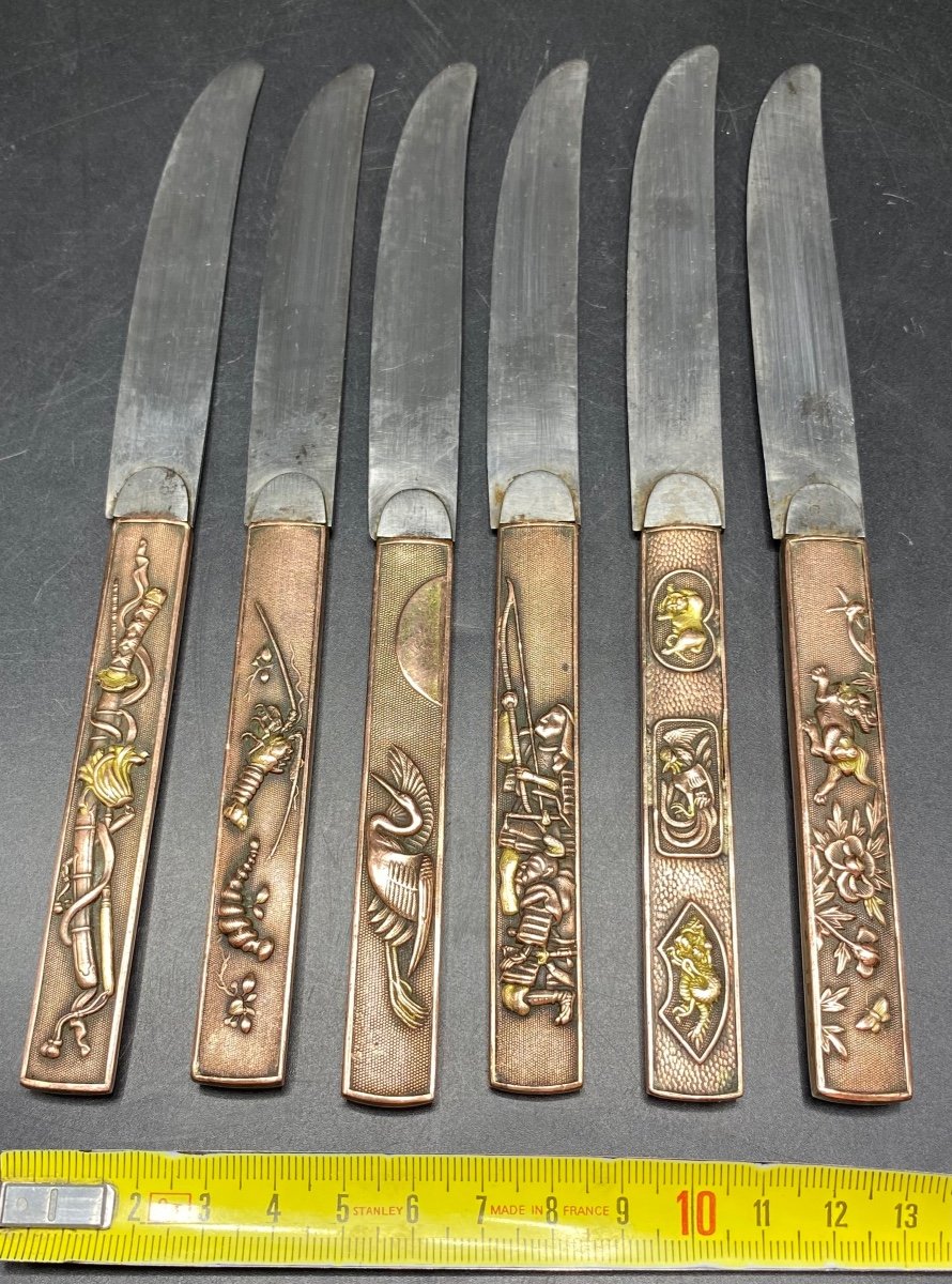 A Set Of Six Japanese Brass And Steel Blade Knives From The 1900s-photo-5