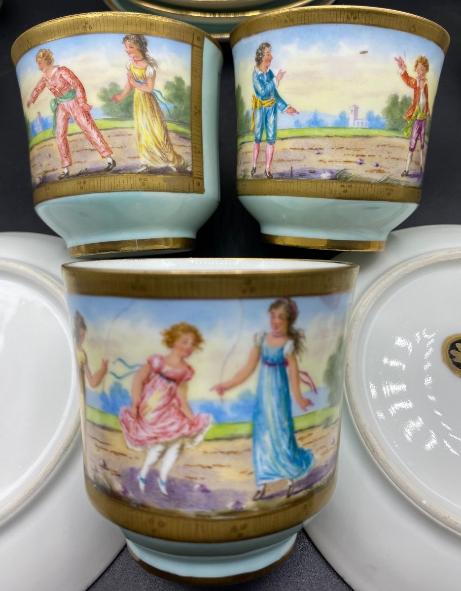 Série De Douze Tasses Et Sous-tasses En Porcelaine Des Années 1940 D’esprit Sèvres Par Grisard-photo-4