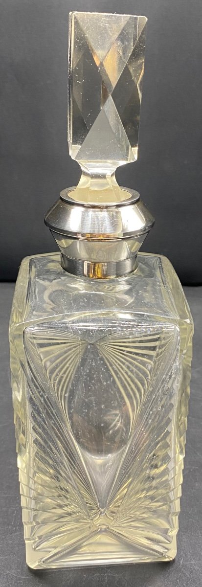 Carafe Art Déco Cristal Soufflé Taillé Et Argent Massif Français Des Années 1930-photo-2