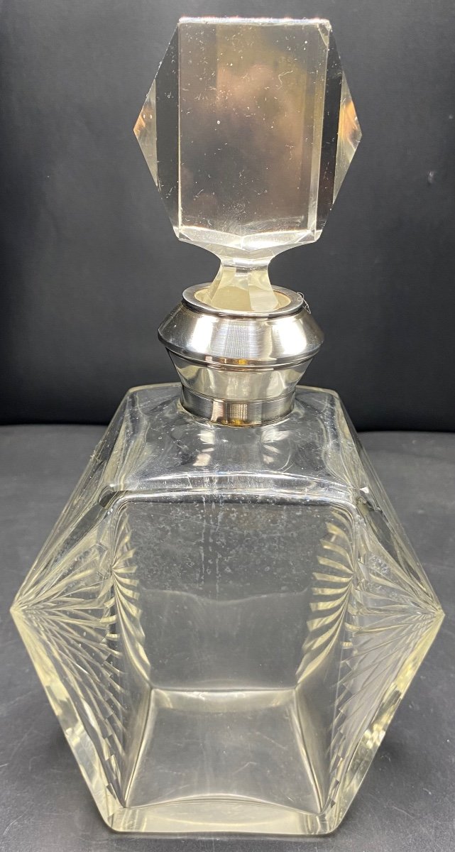 Carafe Art Déco Cristal Soufflé Taillé Et Argent Massif Français Des Années 1930-photo-3