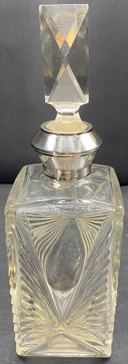 Carafe Art Déco Cristal Soufflé Taillé Et Argent Massif Français Des Années 1930-photo-4