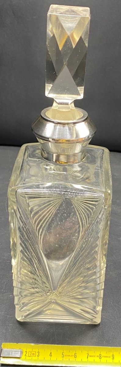 Carafe Art Déco Cristal Soufflé Taillé Et Argent Massif Français Des Années 1930-photo-5