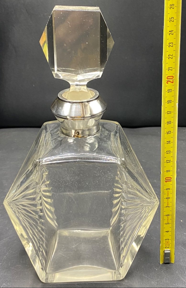 Carafe Art Déco Cristal Soufflé Taillé Et Argent Massif Français Des Années 1930-photo-6