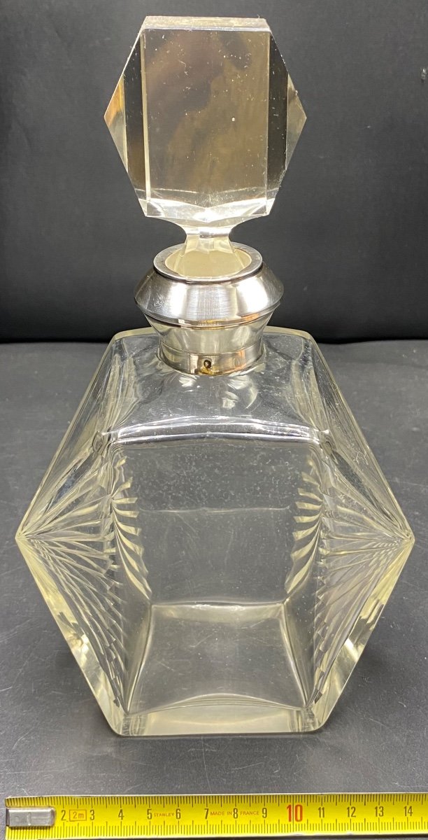 Carafe Art Déco Cristal Soufflé Taillé Et Argent Massif Français Des Années 1930-photo-7