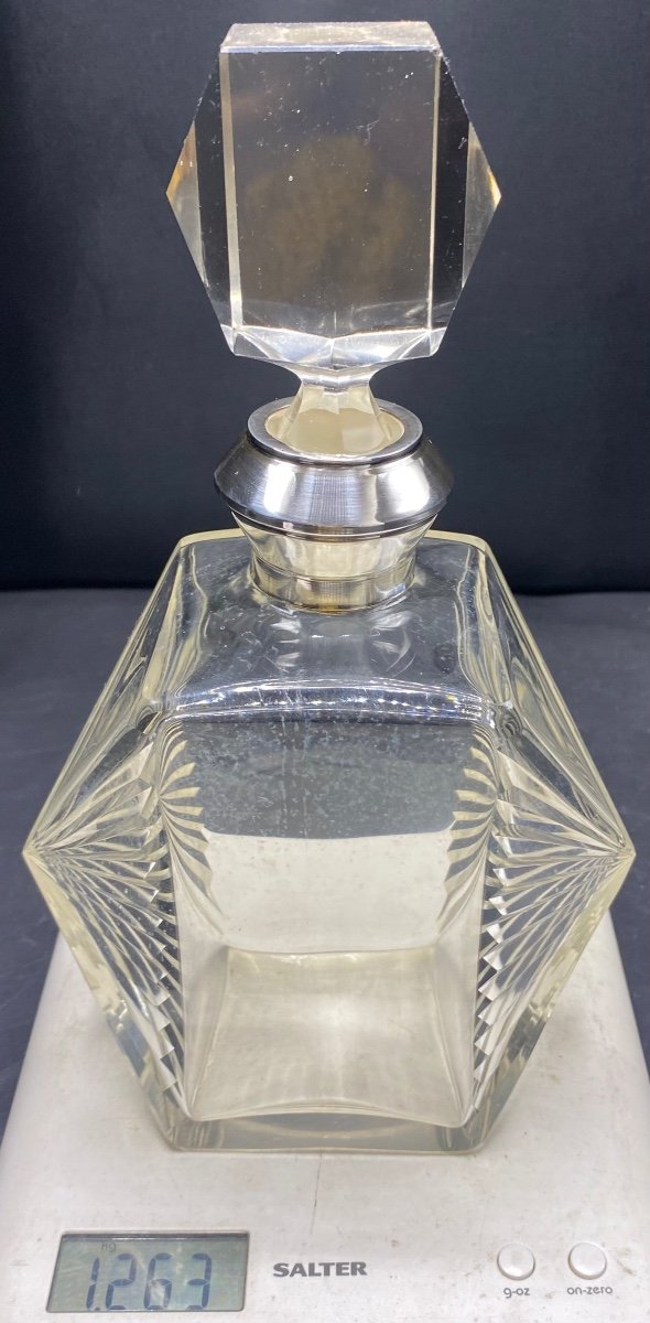 Carafe Art Déco Cristal Soufflé Taillé Et Argent Massif Français Des Années 1930-photo-8