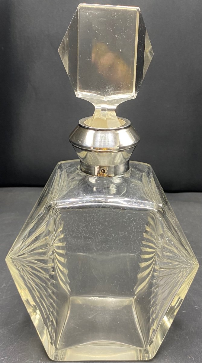 Carafe Art Déco Cristal Soufflé Taillé Et Argent Massif Français Des Années 1930