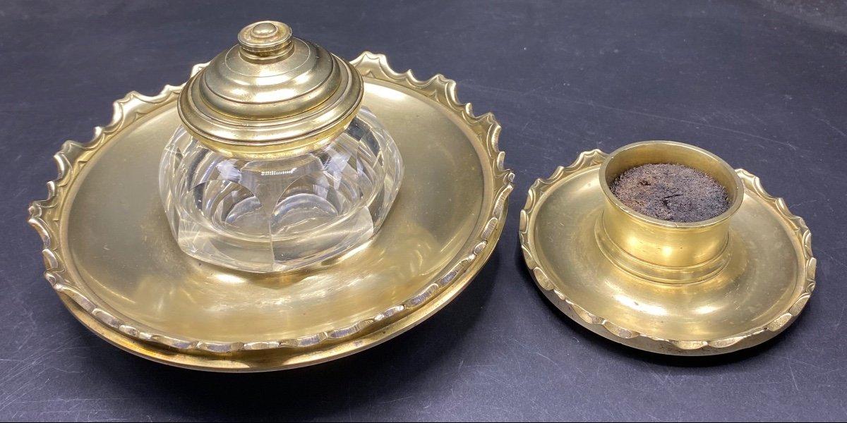 Set De Bureau Encrier Et Nettoie Plumes Bronze Fondu Poli Cristal Taillé Vers 1870 Français-photo-3