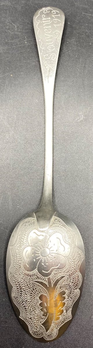 Cuillère à Soupe En Aluminium Gravé Daté 1919 Française Travail De Tranchée -photo-4