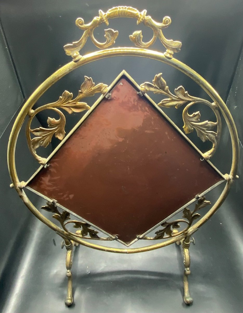 Gilt Bronze Fire Screen French Painted Mirror Art Nouveau Circa 1900-photo-3