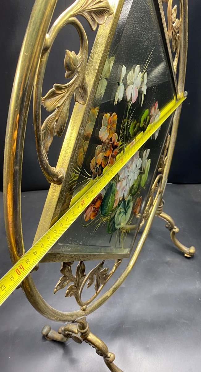 Gilt Bronze Fire Screen French Painted Mirror Art Nouveau Circa 1900-photo-5