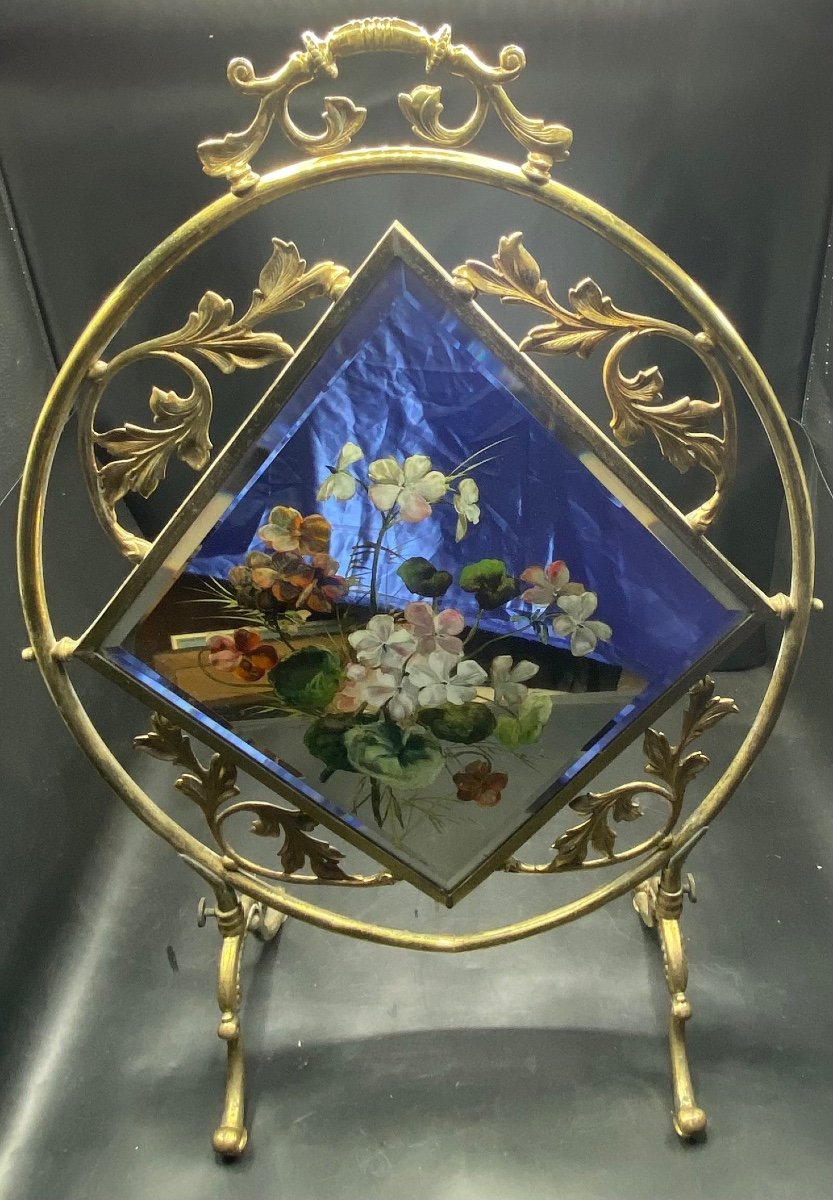 Gilt Bronze Fire Screen French Painted Mirror Art Nouveau Circa 1900