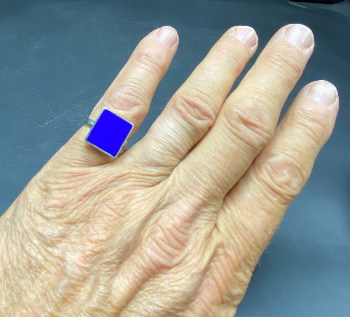 Bague En Argent Massif Et Lapis - Lazuli Vers 1940/50 Brésil-photo-2