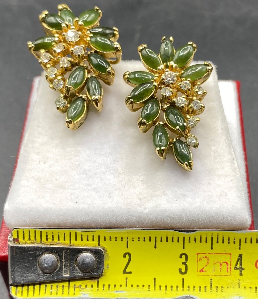 Une Paire De Boucles D’oreille En Plaqué Or Jade Et Oxydes De Zirconium Vers 1980 Chinoise-photo-4