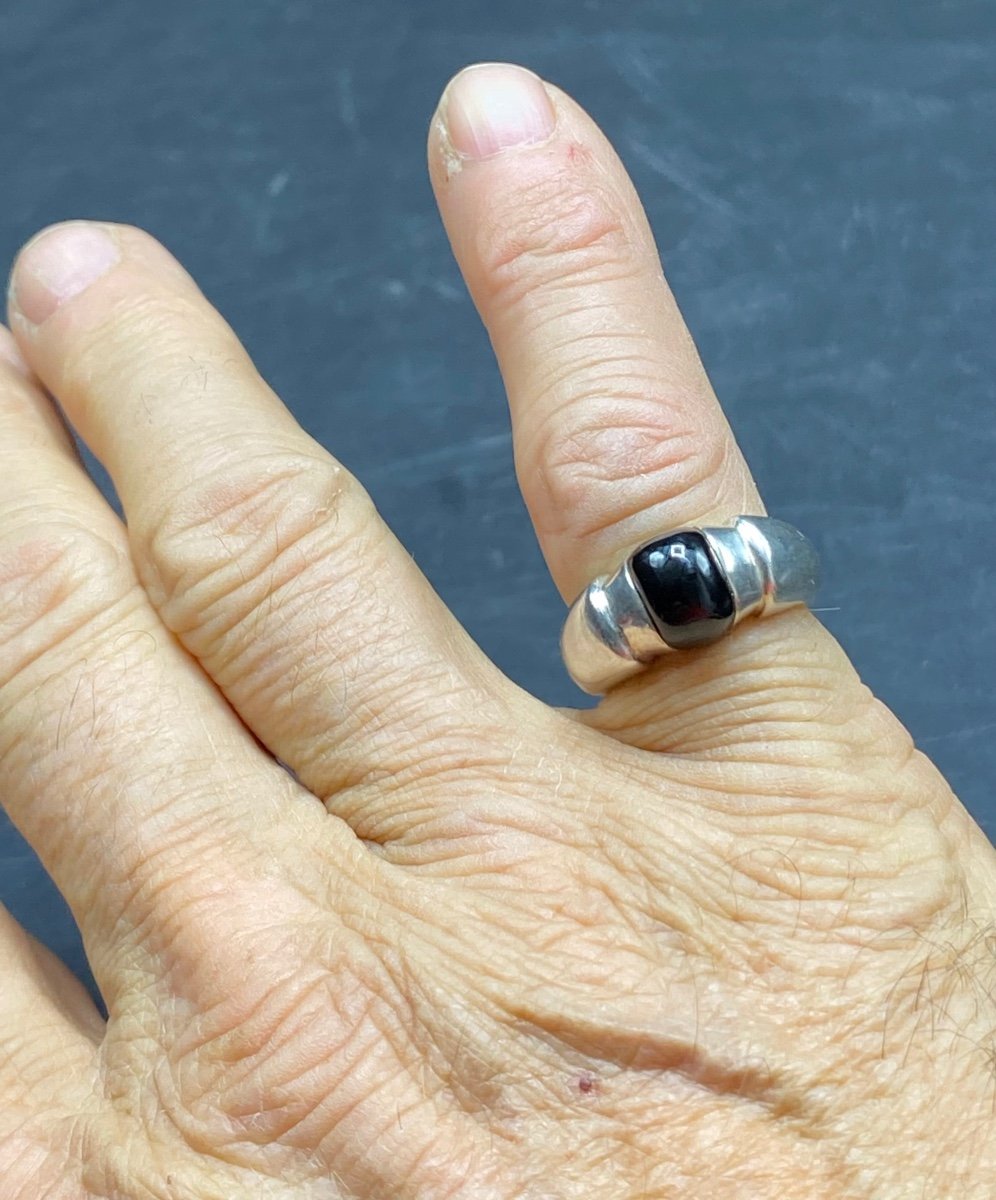 Bague Mixte En Argent Massif Et Cabochon D’onyx Européen Des Années 1960/70-photo-1