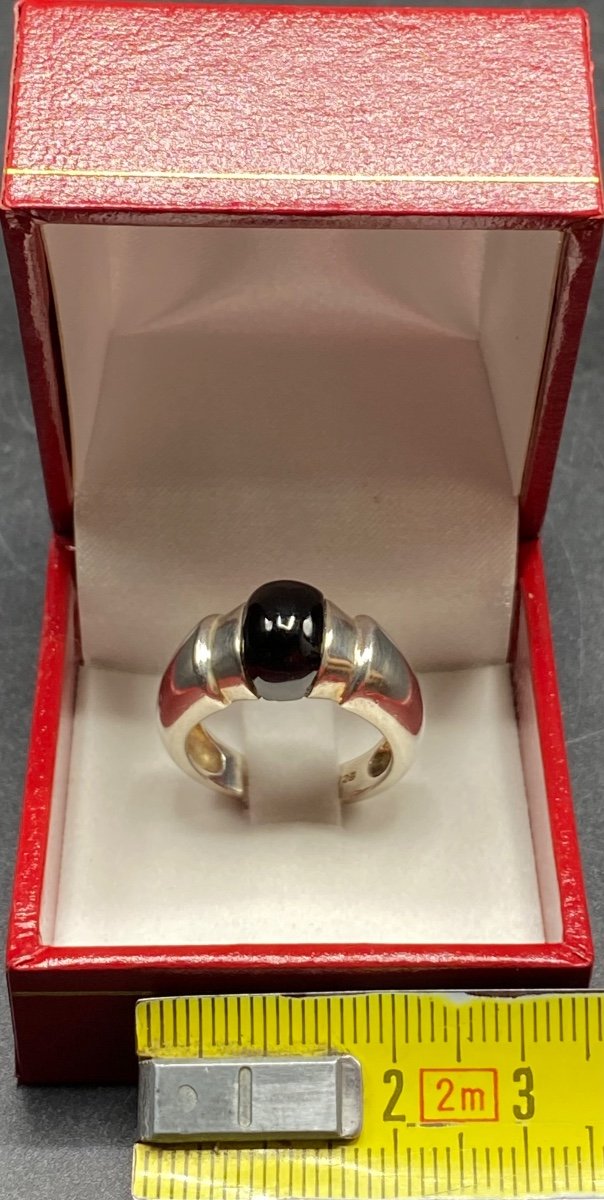 Bague Mixte En Argent Massif Et Cabochon D’onyx Européen Des Années 1960/70-photo-4