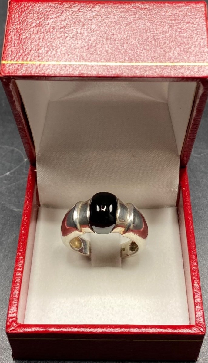 Bague Mixte En Argent Massif Et Cabochon D’onyx Européen Des Années 1960/70