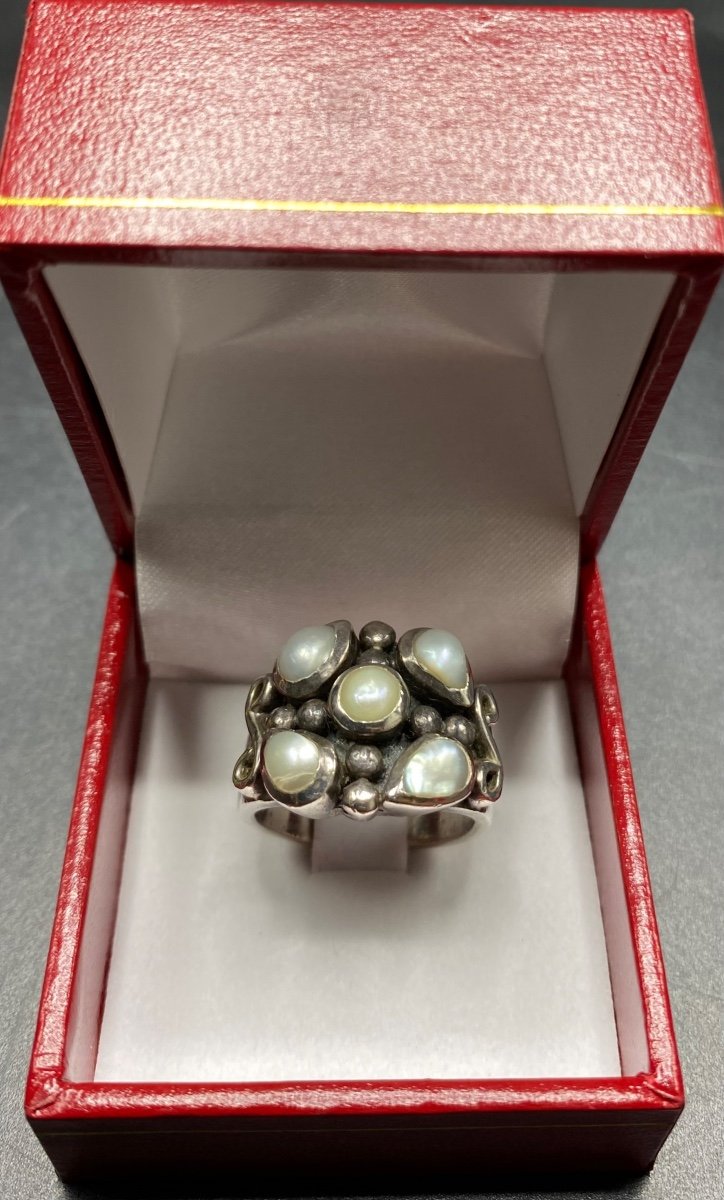 Bague Argent Massif Et Perles De Rivière Des Années 1970 Européenne