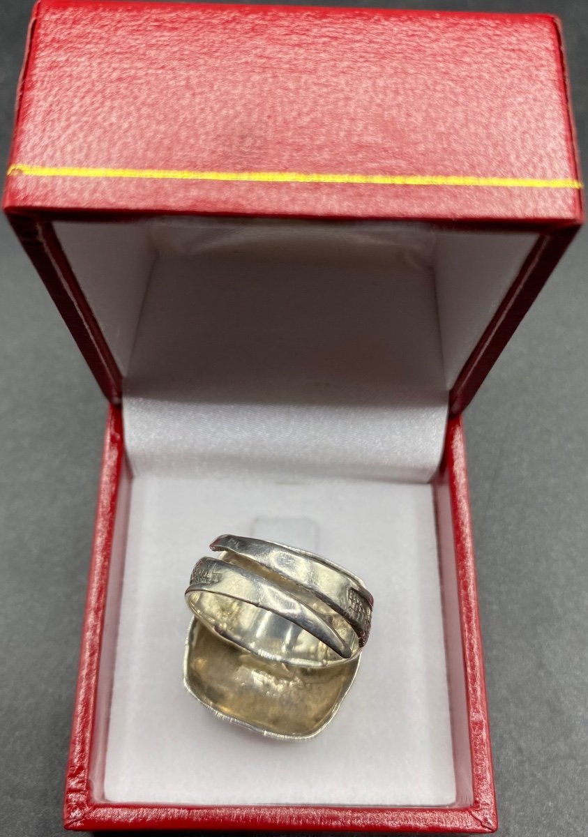 Bague En Argent Massif Et Nacre Française Des Années 1930-photo-3