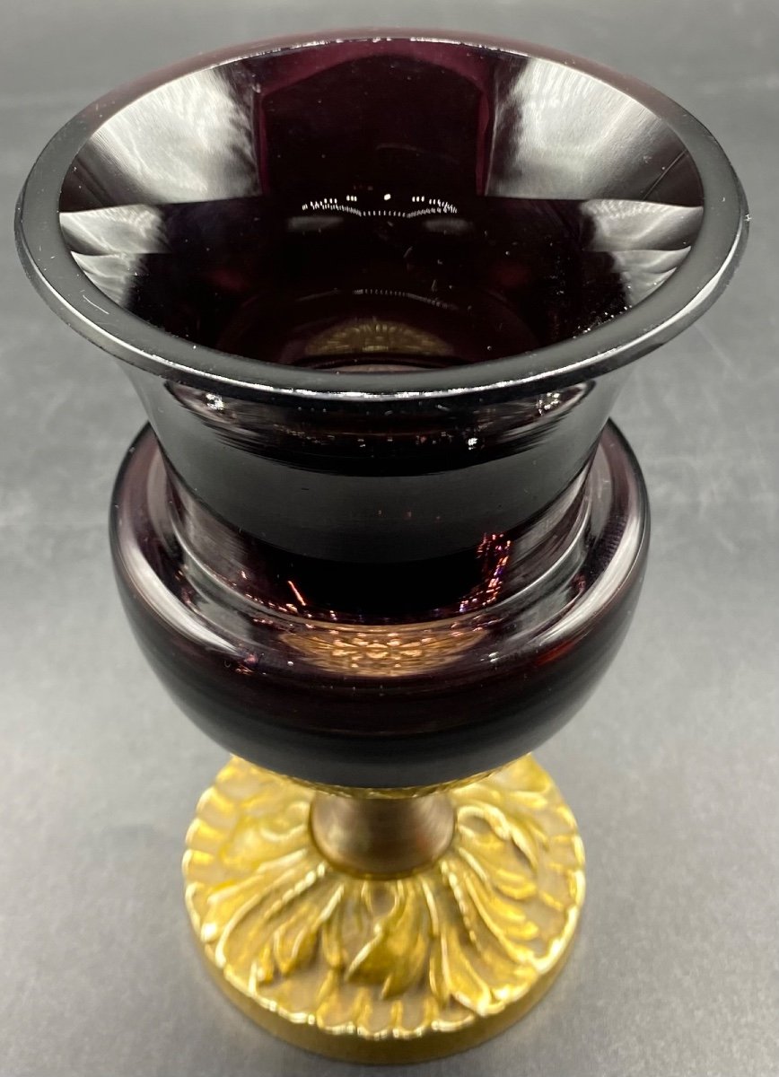 Petite Coupe En Cristal Bordeaux Sur Pied Douche En Bronze Fin XIXème Baccarat -photo-3