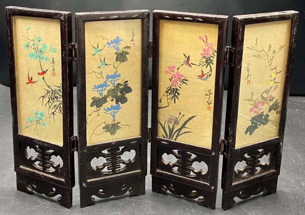 Small Screen In Patinated Exotic Wood And Miniatures Painted On Silk China 1940/50-photo-2