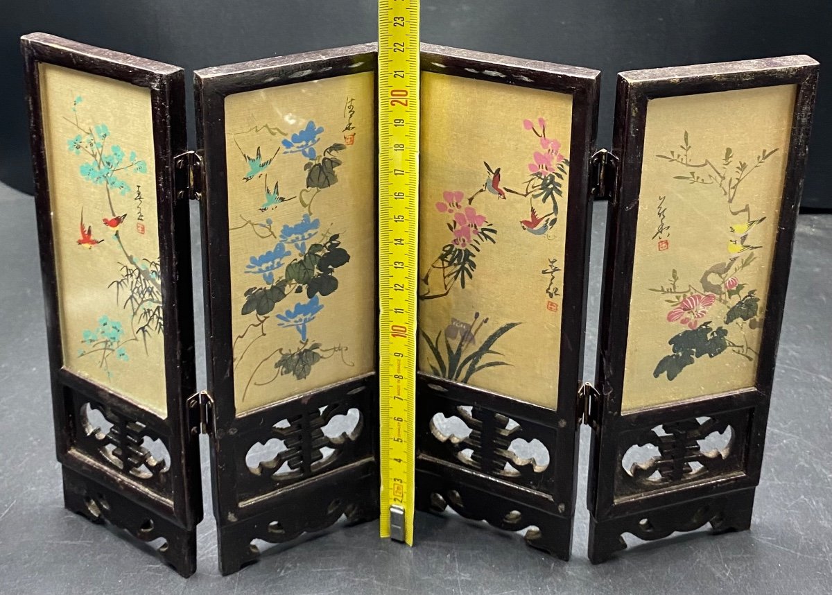 Small Screen In Patinated Exotic Wood And Miniatures Painted On Silk China 1940/50-photo-3