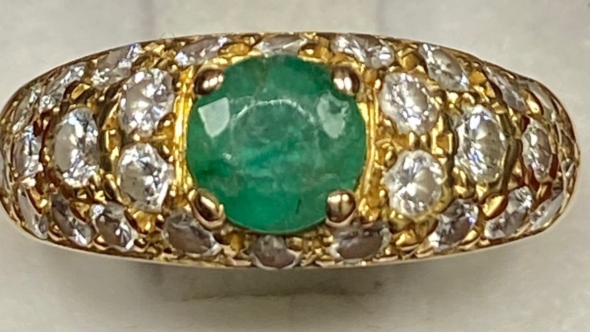 Bague Française En Or 18 Carats émeraude Et Pavage De 28 Diamants Des Années 1930-photo-2