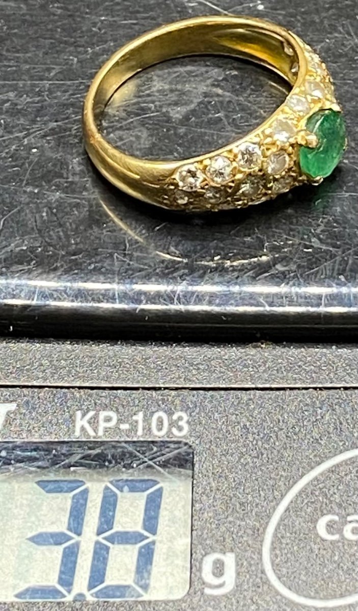 Bague Française En Or 18 Carats émeraude Et Pavage De 28 Diamants Des Années 1930-photo-8