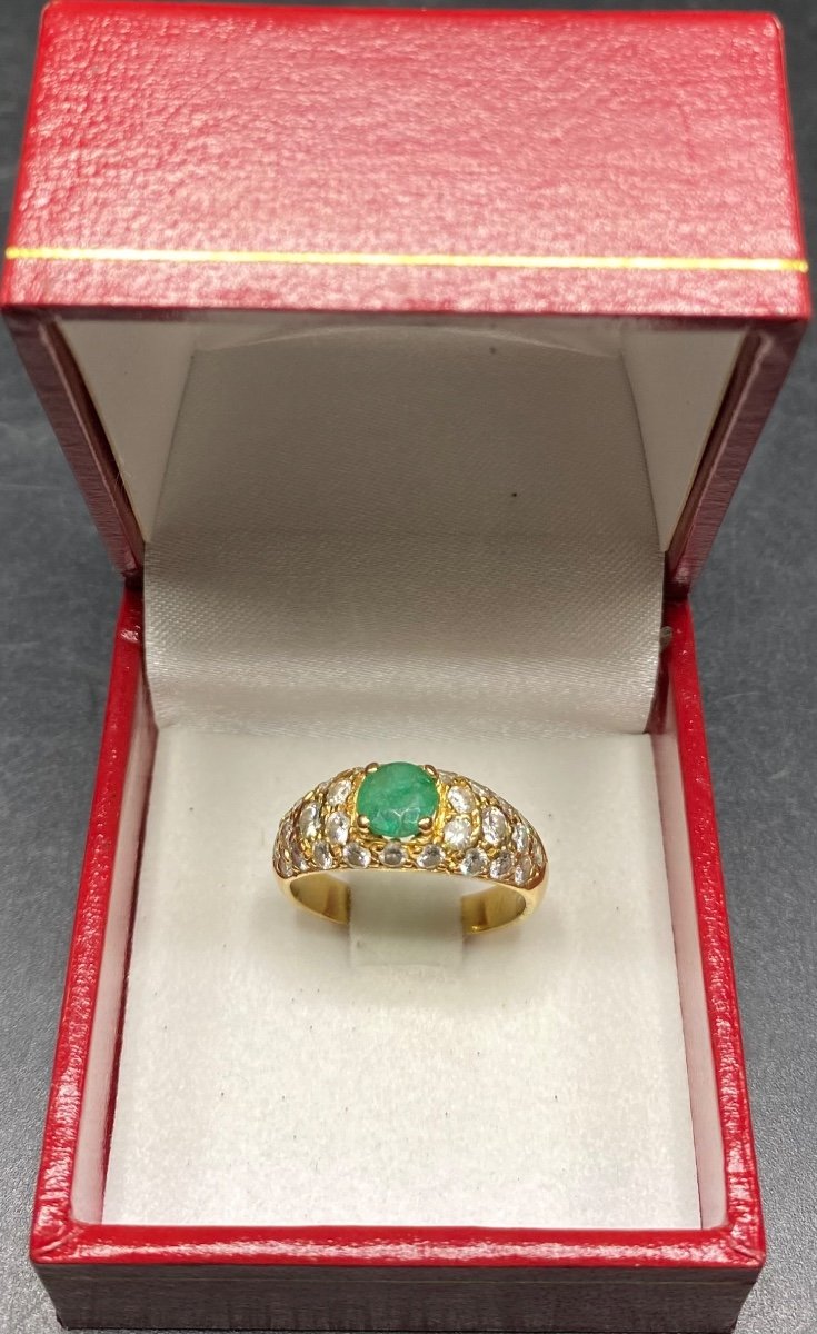 18k Gold French Emerald Ring With 28 Diamond Pave From The 1930s