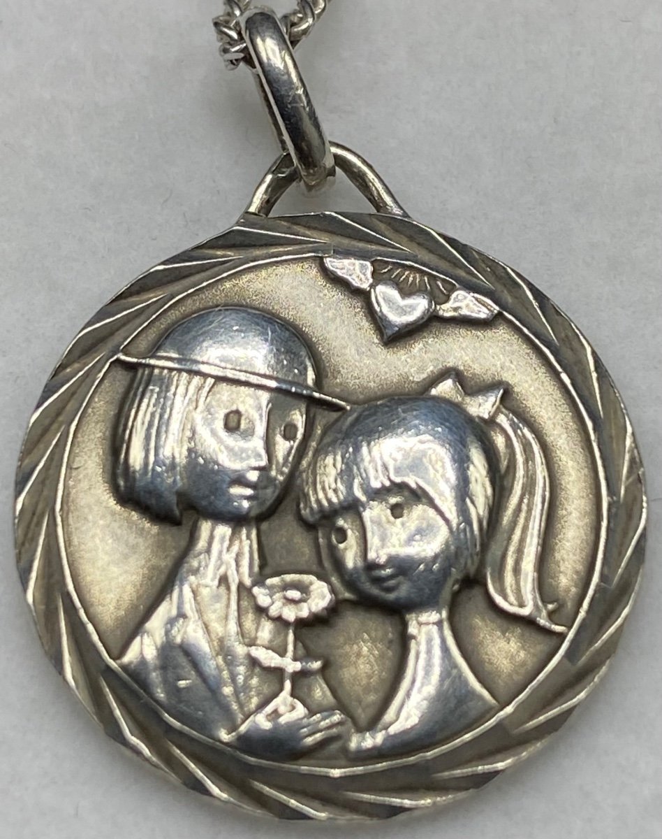 Pendentif “ Les Amoureux De Peynet “ Et Chaîne En Argent Massif Des Années 1960/70 Français -photo-3