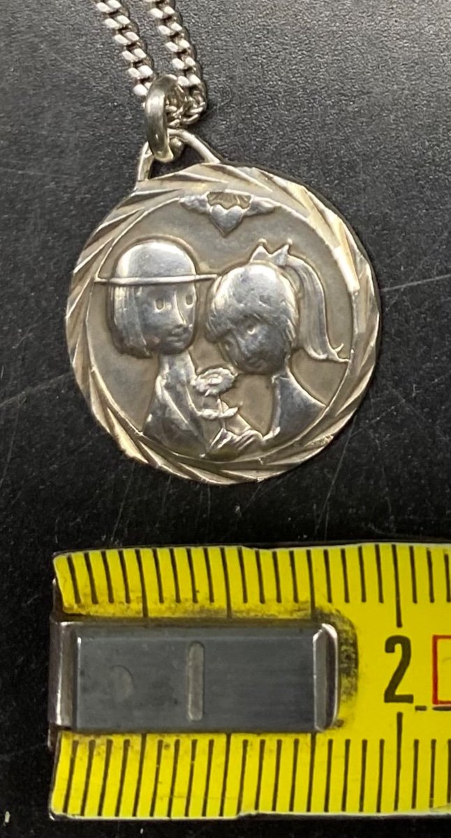 Pendentif “ Les Amoureux De Peynet “ Et Chaîne En Argent Massif Des Années 1960/70 Français -photo-3