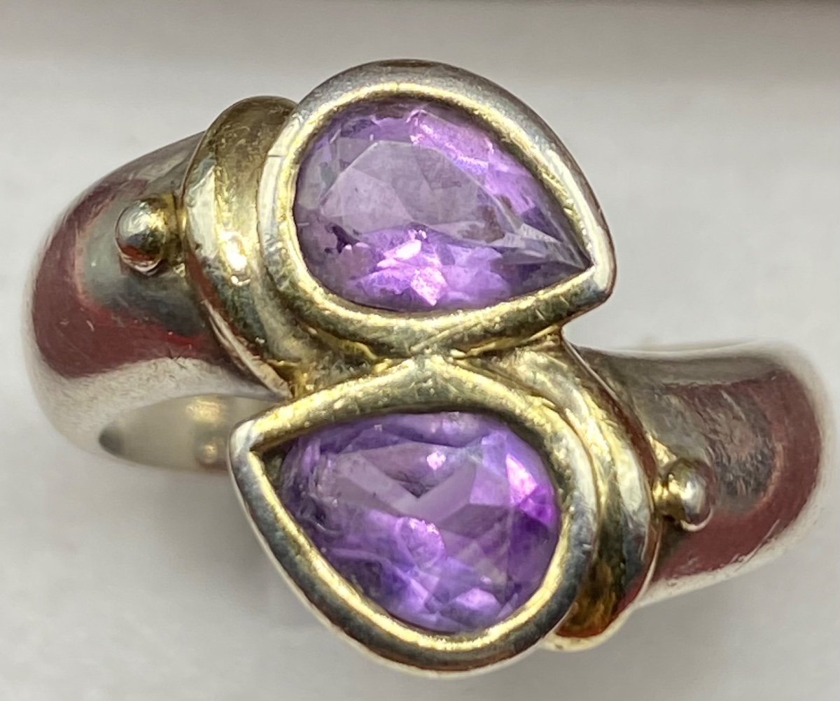 Bague Toi Et Moi En Argent Massif Et Améthystes Taillées En Poire Française Des Années 1930/40-photo-1