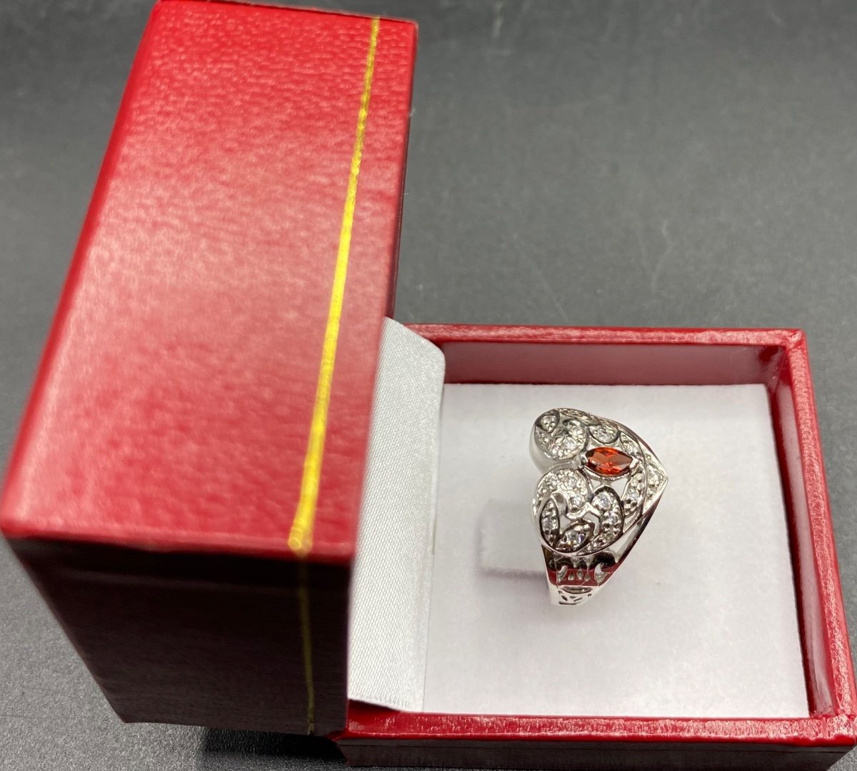 Heart Ring In Solid Rhodium Plated Silver, Zirconium Oxides And Garnet From The 1980s French-photo-2