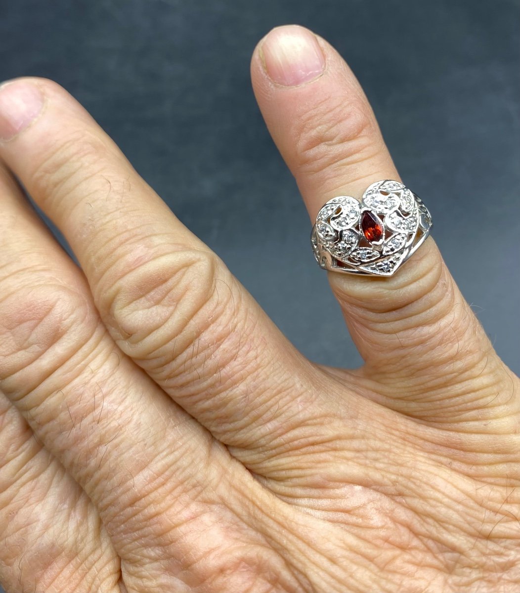 Heart Ring In Solid Rhodium Plated Silver, Zirconium Oxides And Garnet From The 1980s French-photo-1