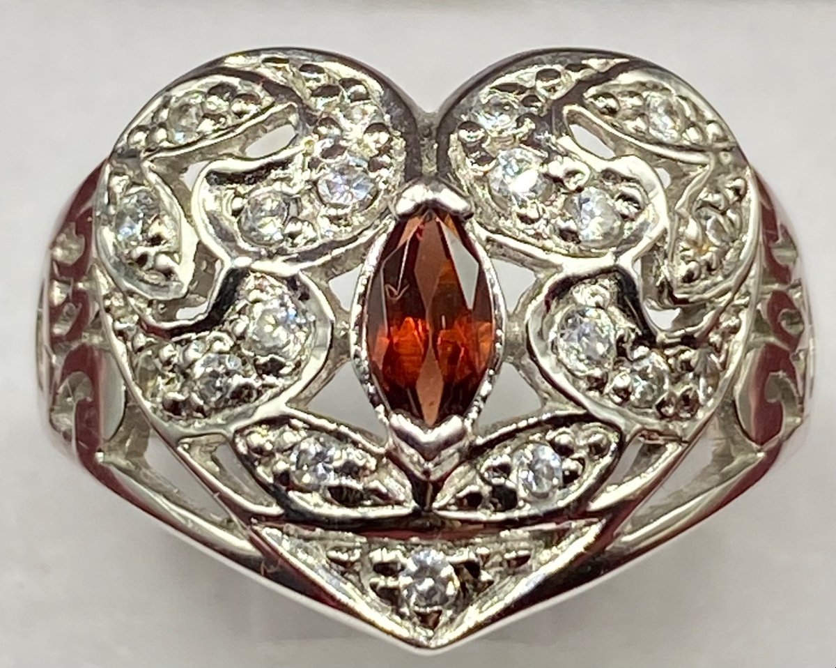 Heart Ring In Solid Rhodium Plated Silver, Zirconium Oxides And Garnet From The 1980s French-photo-2