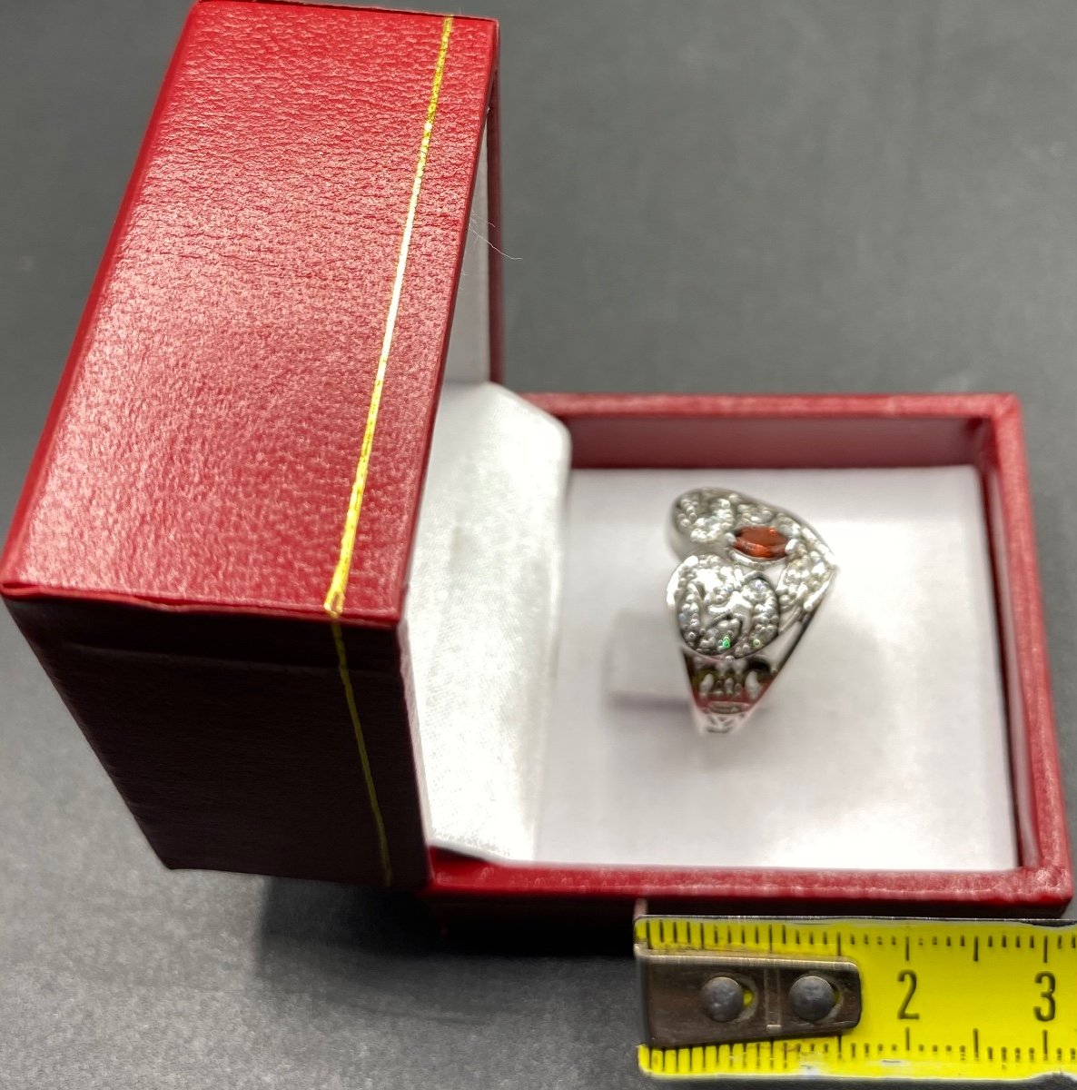 Heart Ring In Solid Rhodium Plated Silver, Zirconium Oxides And Garnet From The 1980s French-photo-5