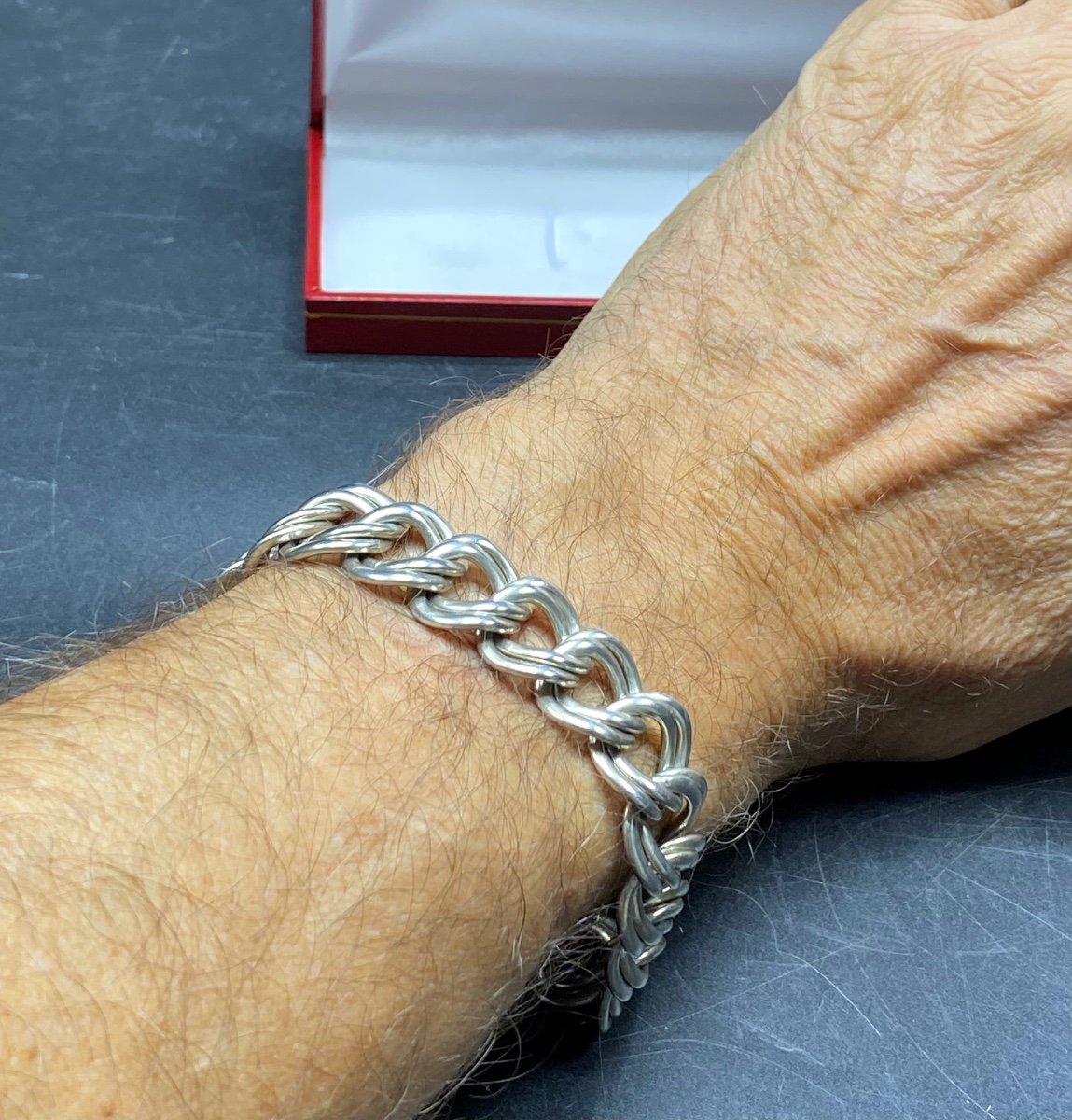 1930s French Sterling Silver Curb Chain Bracelet-photo-1