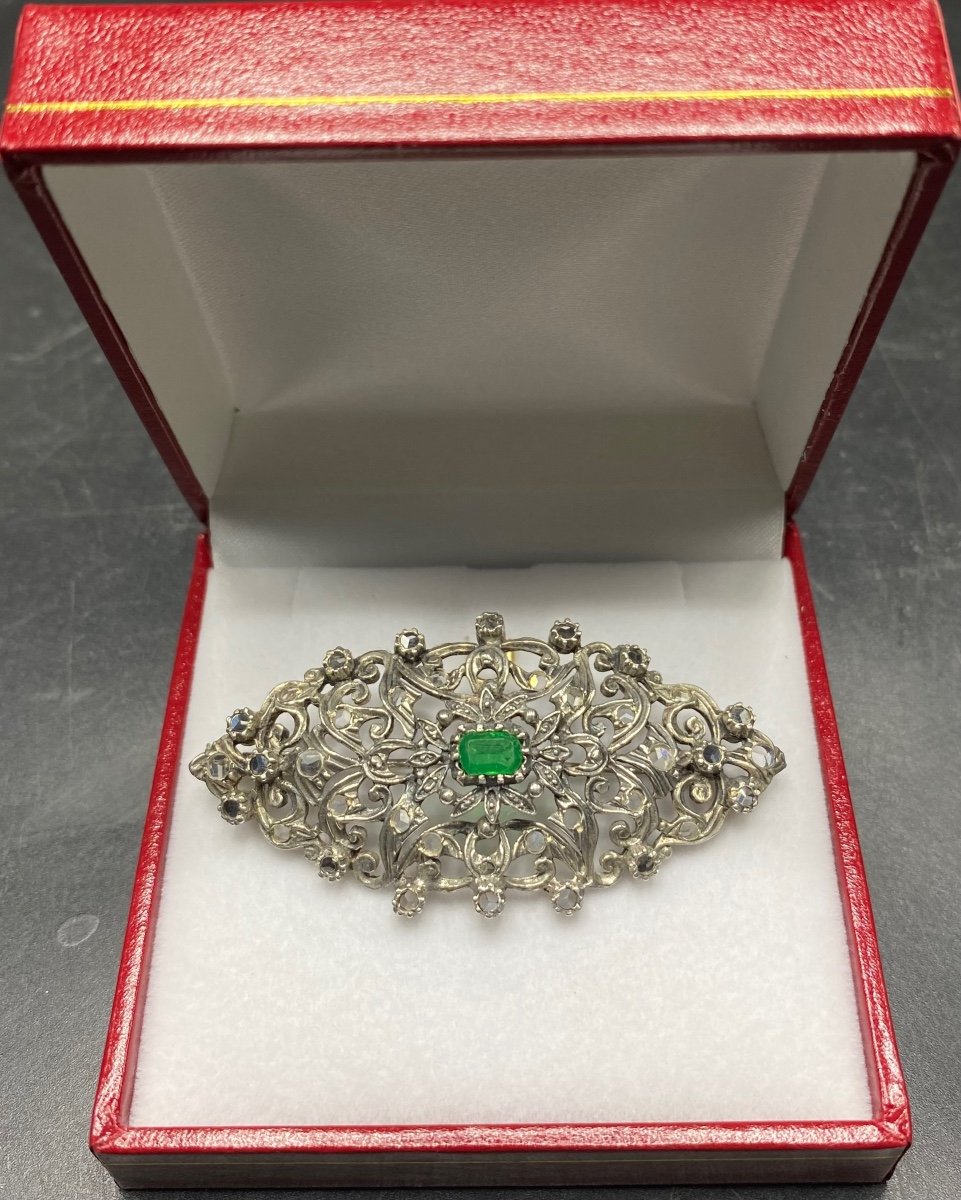 French Sterling Silver And Crystal Brooch Circa 1900