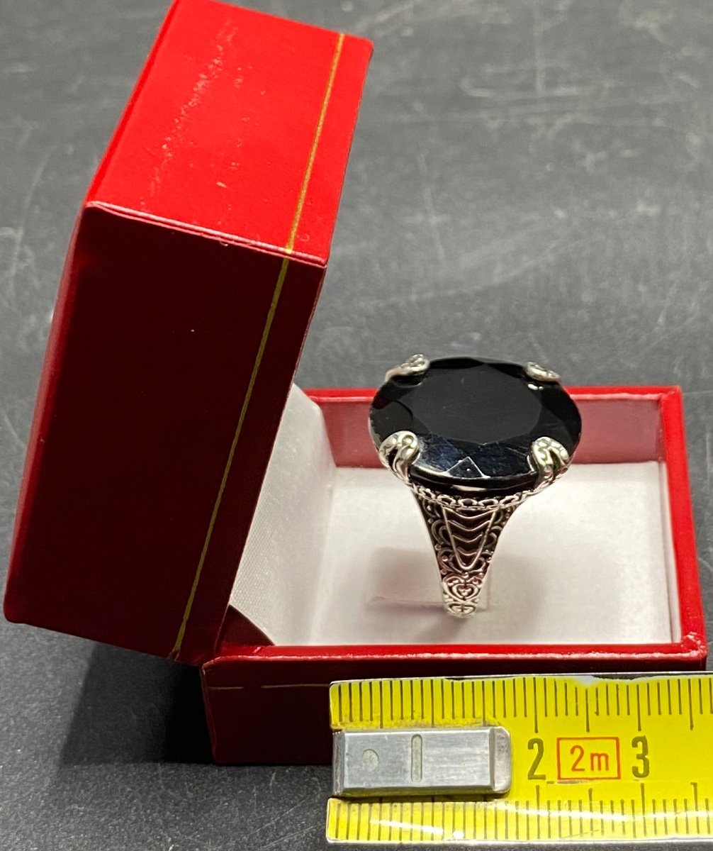 Bague En Argent Massif Et Gros Cabochon D’onyx Anglaise Des Années 1980-photo-6