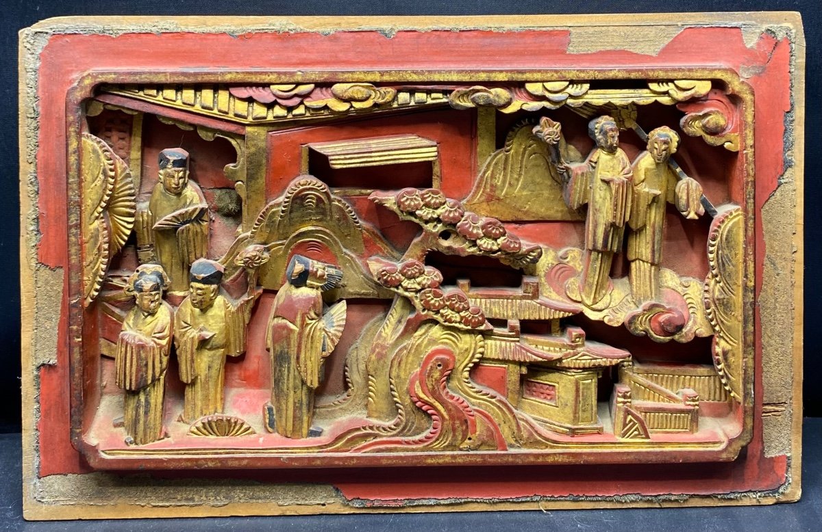 Panneau En Bois Sculpté Laqué Rouge Et Or Chine XVIIIème