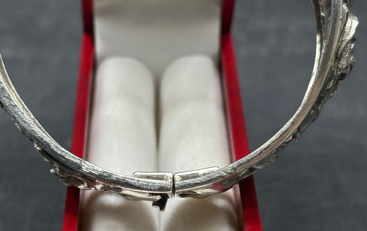 1920s French Sterling Silver Open Bangle Bracelet-photo-2